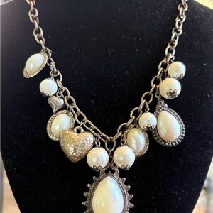 Pearl Drop Statement Necklace with Heart Charm - White